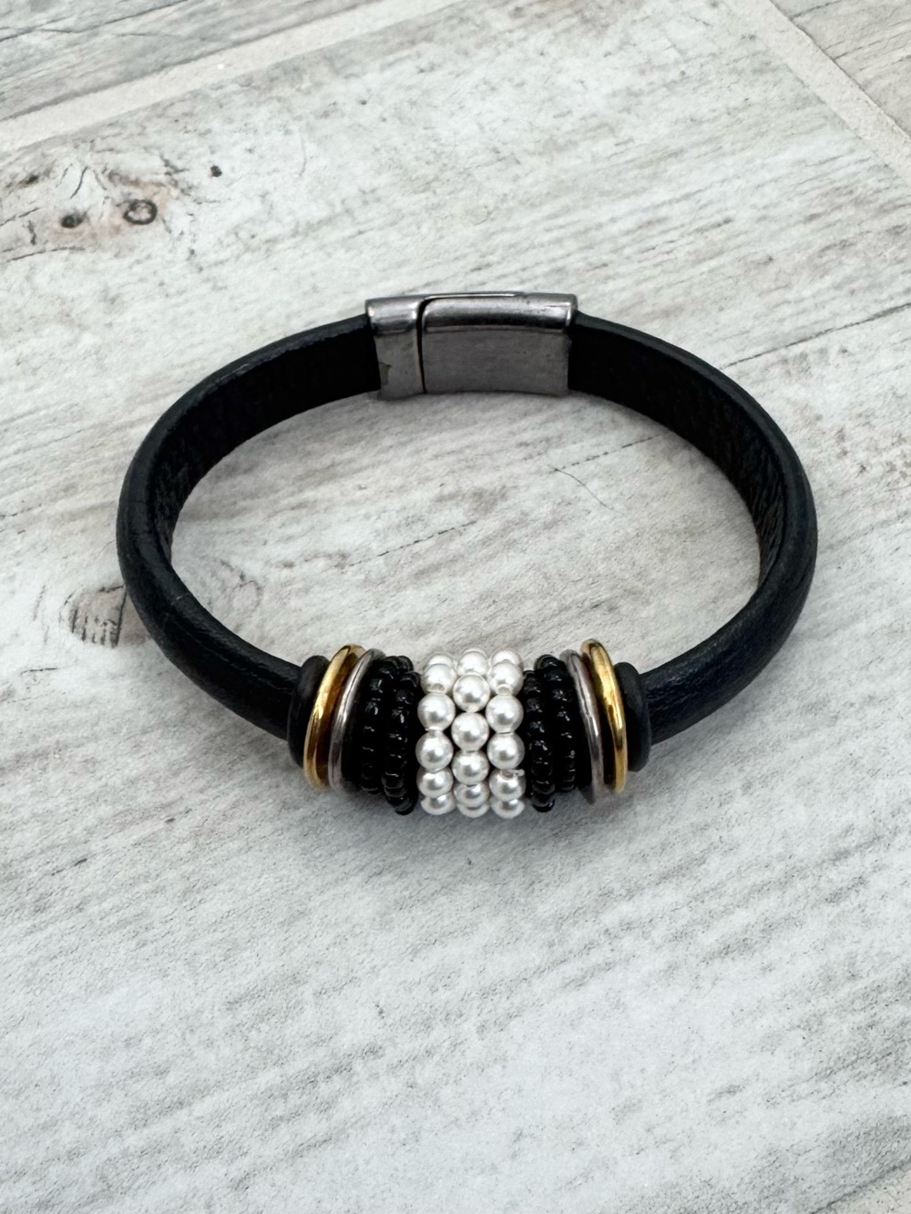Boho Mixed Metal Beads Black Leather Bracelet